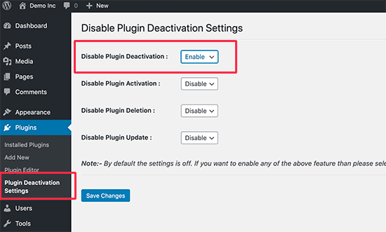 dpa-settings Disable Plugin Deactivation settings