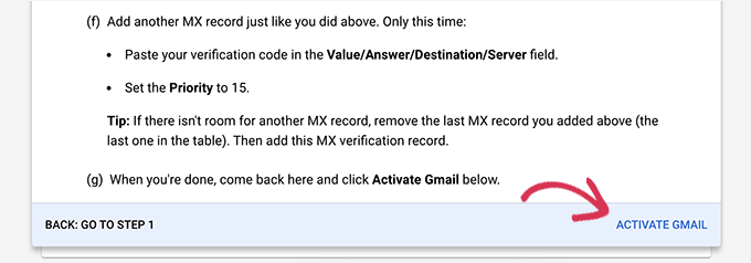 The Activate Gmail button