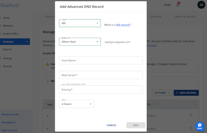 Adding MX records in Bluehost