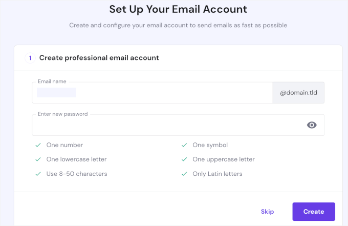 Setting up email account in hPanel
