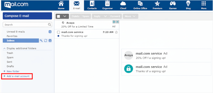 Adding new email in Mail.com