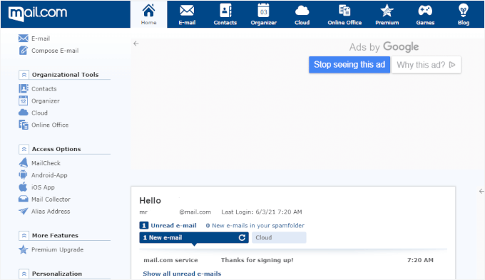 Mail.com's dashboard
