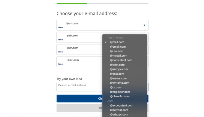 Choosing email address in Mail.com