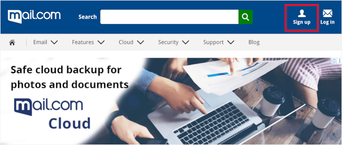 Signing up for Mail.com