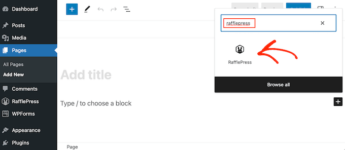 Adding the RafflePress block to a page or post