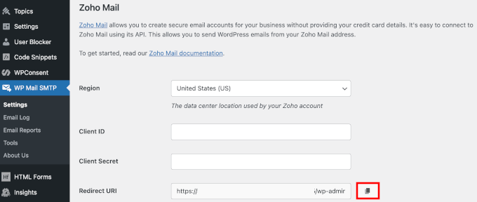 Copying redirect URI
