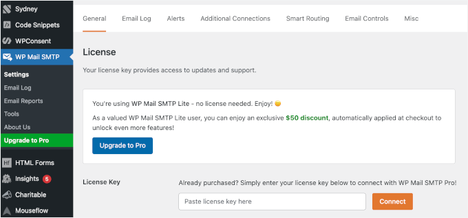 WP Mail SMTP license key activation