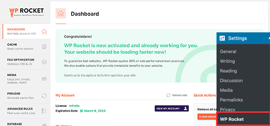 WP Rocket dashboard