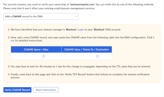 CNAME Name and Value