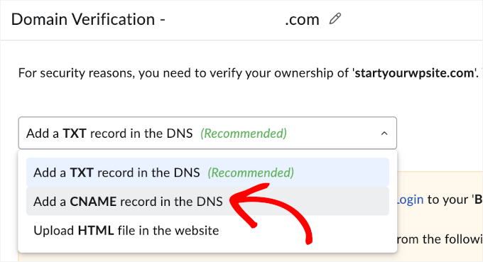 Choosing the CNAME method to verify domain