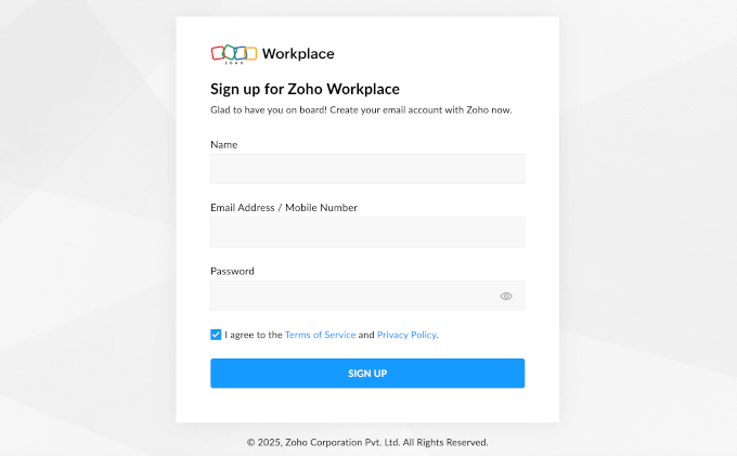 Zoho signup form