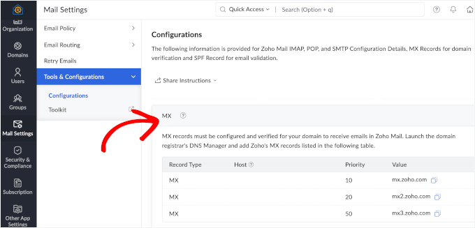 Accessing Zoho's MX records