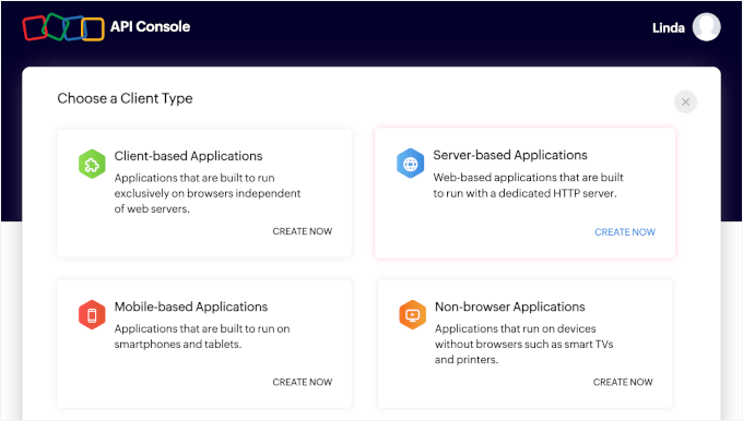 Select Server-Based Applications as client type