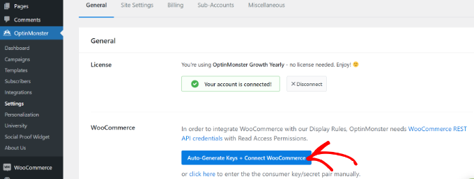 Автоматически генерировать ключи и подключать WooCommerce