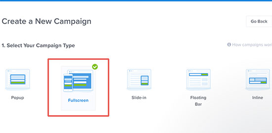 Choose fullscreen as your campaign type