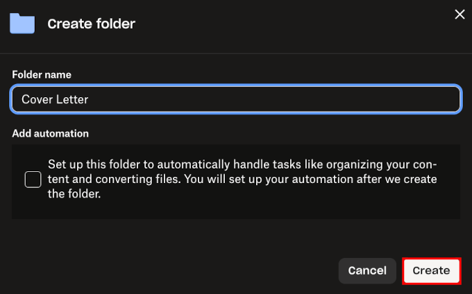 Naming the subfolder and click Create