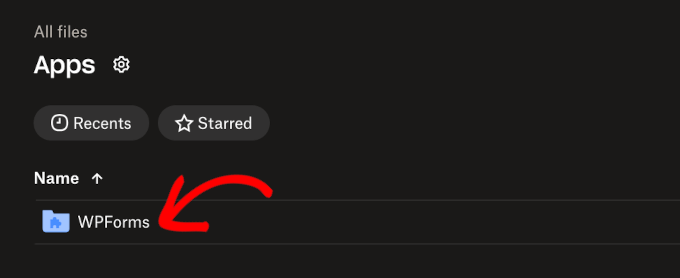 The WPForms apps folder in Dropbox