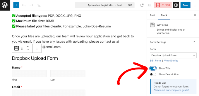 Showing Dropbox upload form title