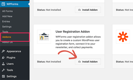 Install user registration and login forms addon