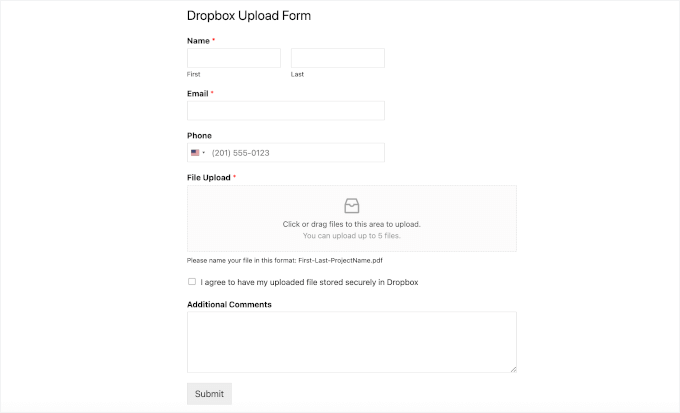 Dopbox upload form on a live site