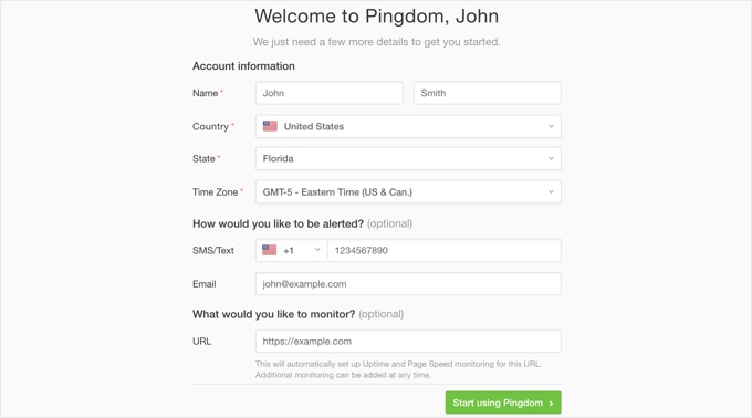 اطلاعات حساب Pingdom را پر کنید