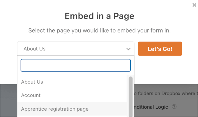 Choosing an existing page to embed form into