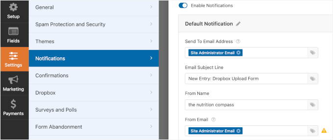Setting up upload form notification