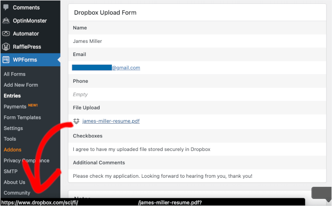 Dropbox link for the file upload