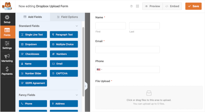 The File Upload Form template in WPForms drag and drop editor