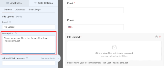 Adding a description for the file upload field