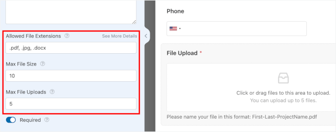 More file upload field's settings