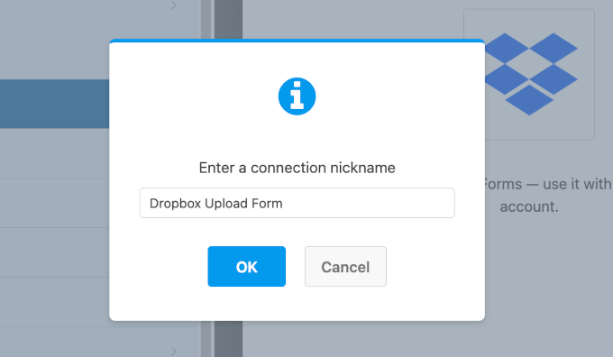 Entering Dropbox connection nickname