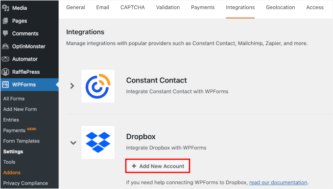 Adding a new Dropbox account in WPForms