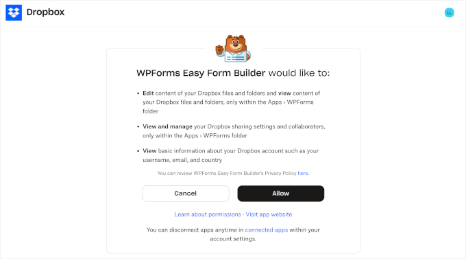 Dropbox and WPForms integration permission