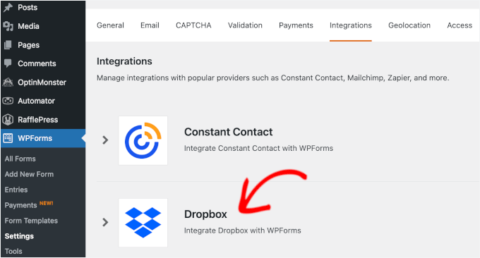 Integrating WPForms with Dropbox