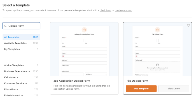Select the File Upload Form template