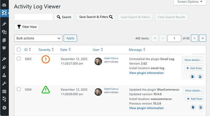 Jurnal de activități în WP Activity Log
