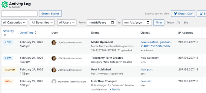 Jurnalizarea activităților în Jurnalul de activități Duplicator