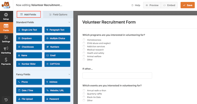 Menambahkan bidang ke formulir permintaan sukarelawan WPForms