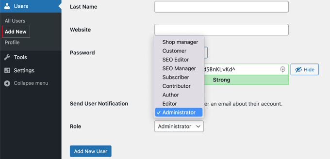 Adding a New User With the Administrator Role