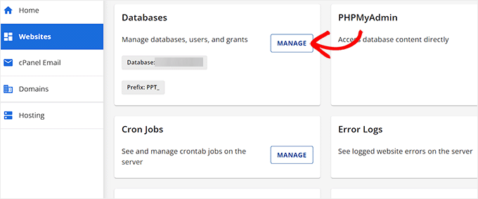 Click the Manage button next to the Database section