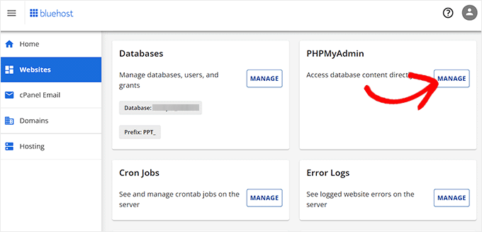 Click the Manage button next to the PHPMyAdmin option