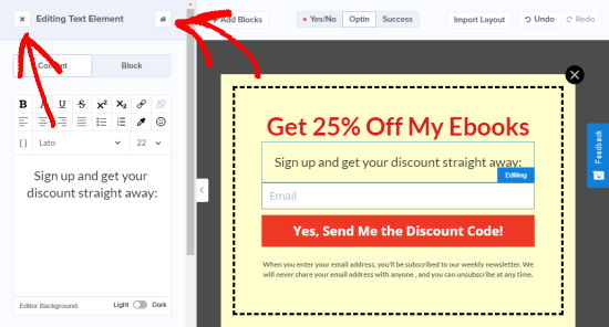 Close the current element that you're editing on your popup coupon