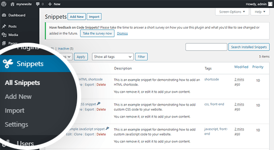 adding code snippets in wordpress with a plugin