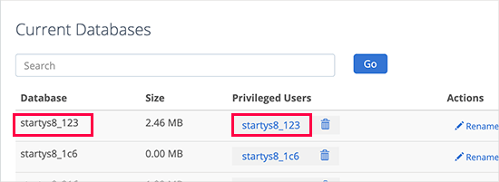 Database name and username