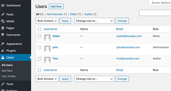 Visualizza tutti gli utenti e i ruoli utente in WordPress