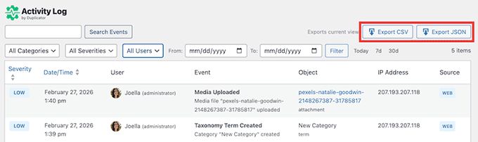Export jurnal în pluginul Jurnal de activități