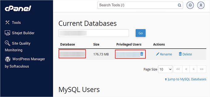 Find your database name and username in the Current Databases section