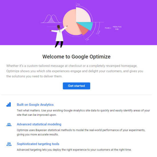 The Welcome page for Google Optimize, with Get Started button