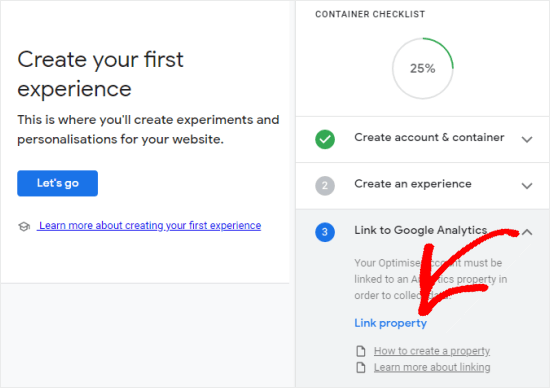 将 Google Optimize 链接到您的网站（单击“链接属性”）